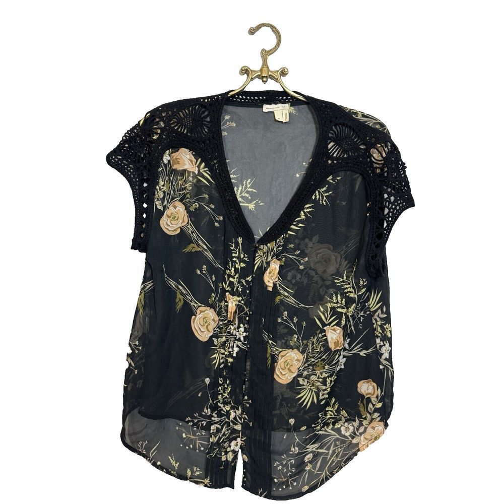 Meadow Rue Lace Tie Neckline Black Floral Blouse Semi-Sheer Cap Sleeves Size M